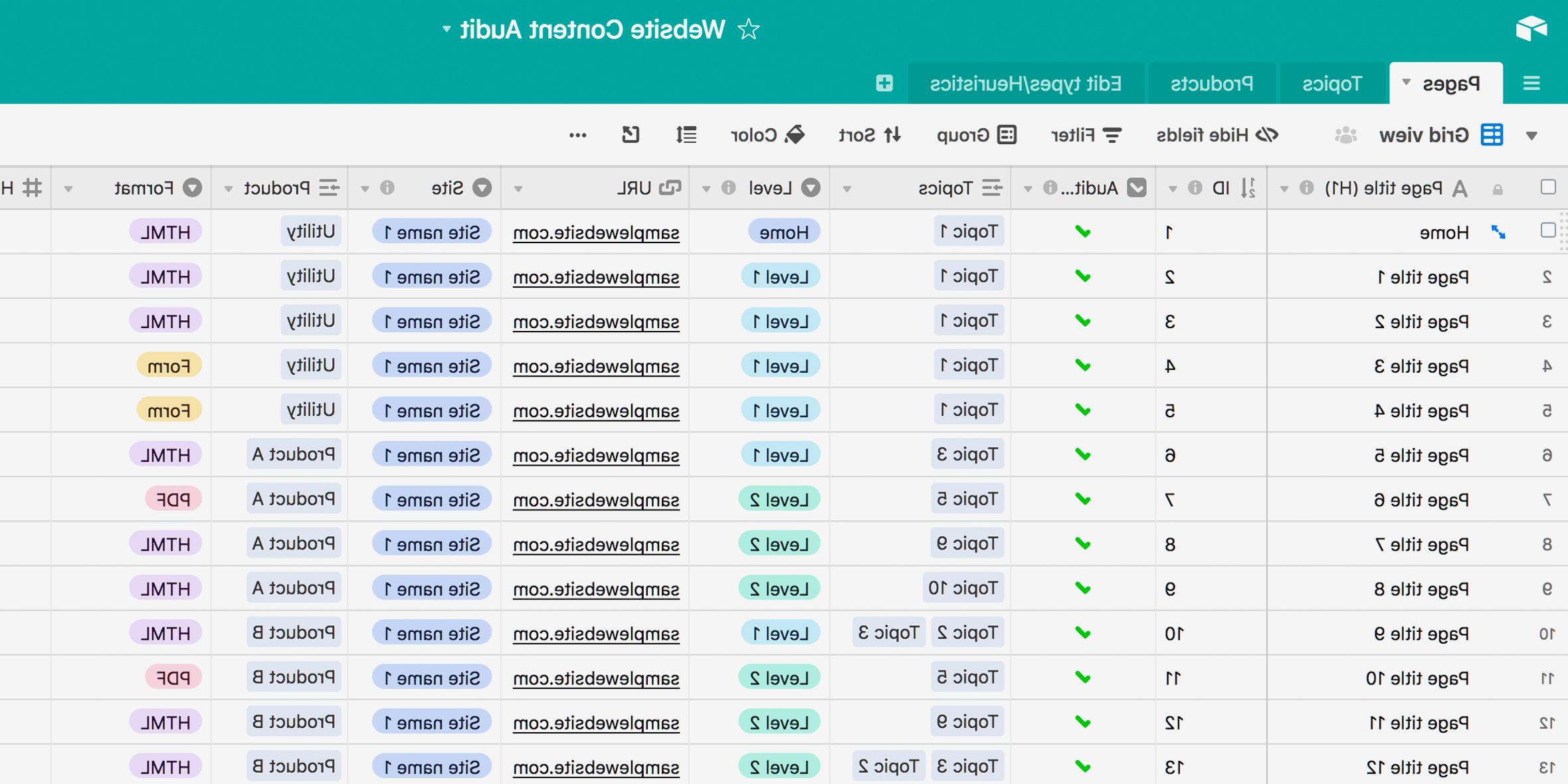 Screenshot of content audit in Airtable