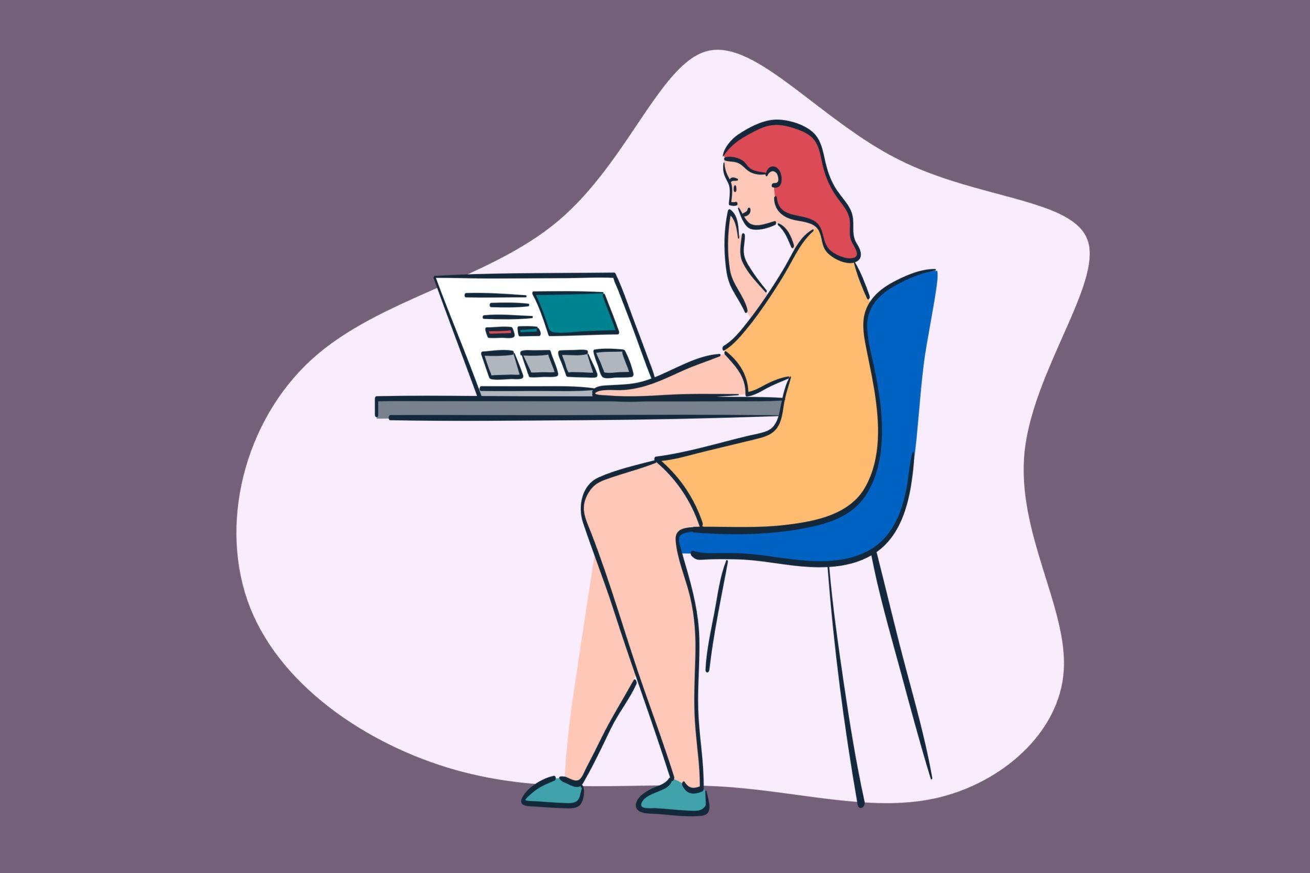 插图的女人坐在办公桌与笔记本电脑