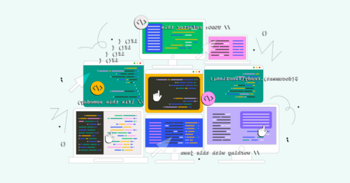 illustration of multiple screens stack up like a mountain with code spilling off them