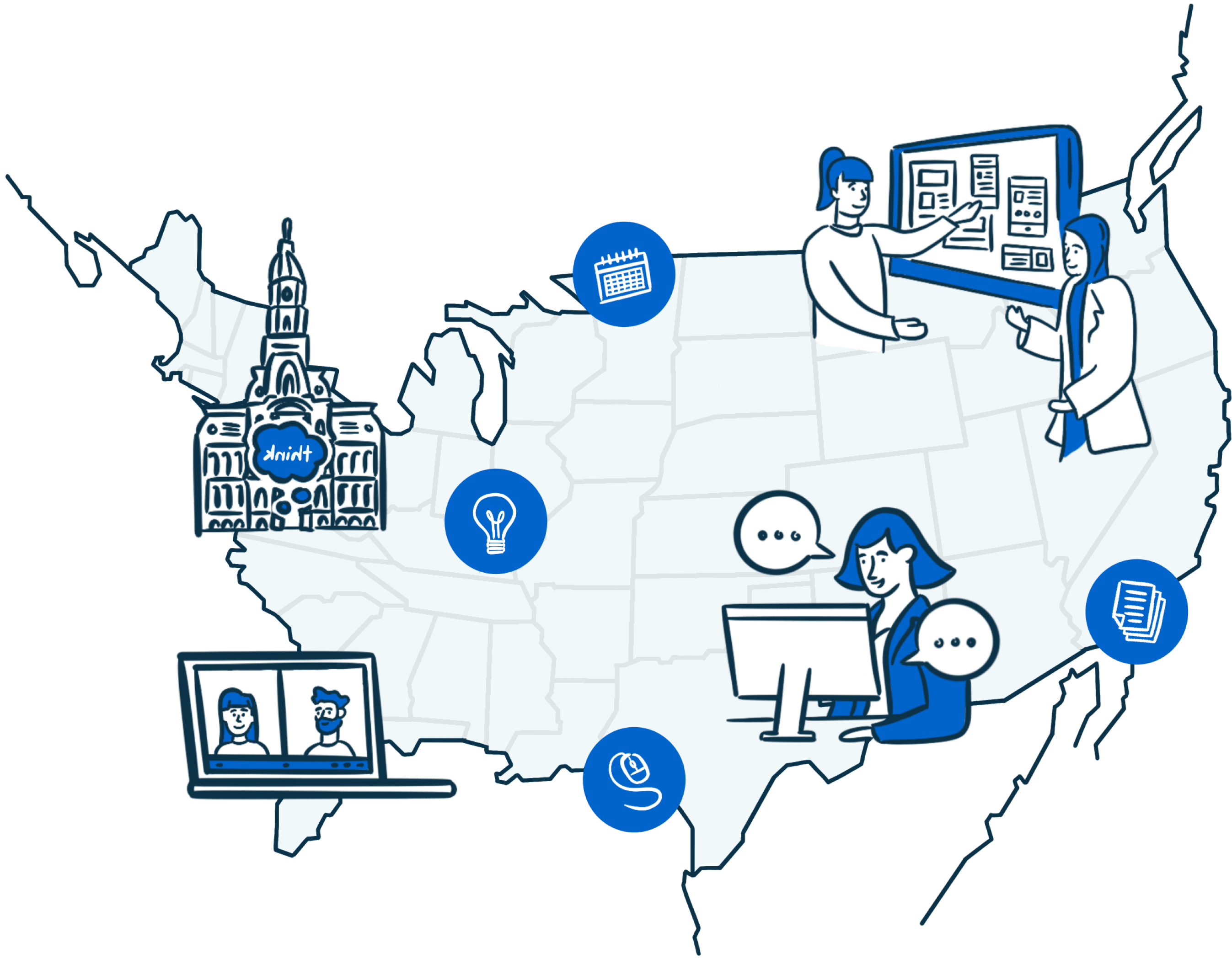 illustration of the united states of america with philly city hall and work stations