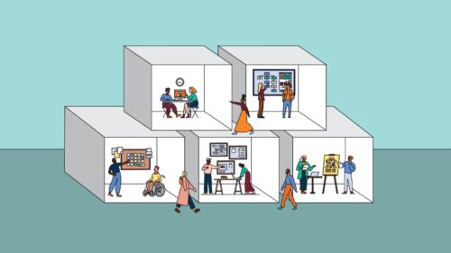 Illustration of people working in stacked pods similar to shipping containers