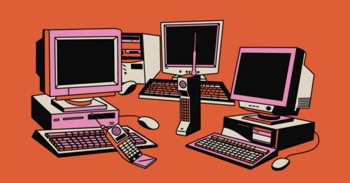 Illustration of outdated legacy computers, phones, and other technology