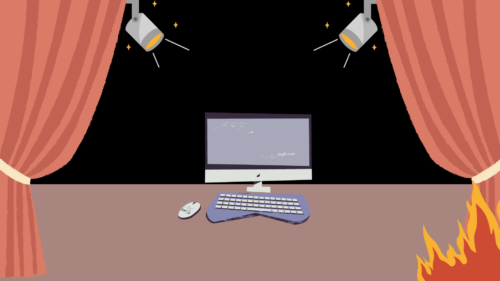 Illustration of a computer center stage with velvet curtains on fire around it